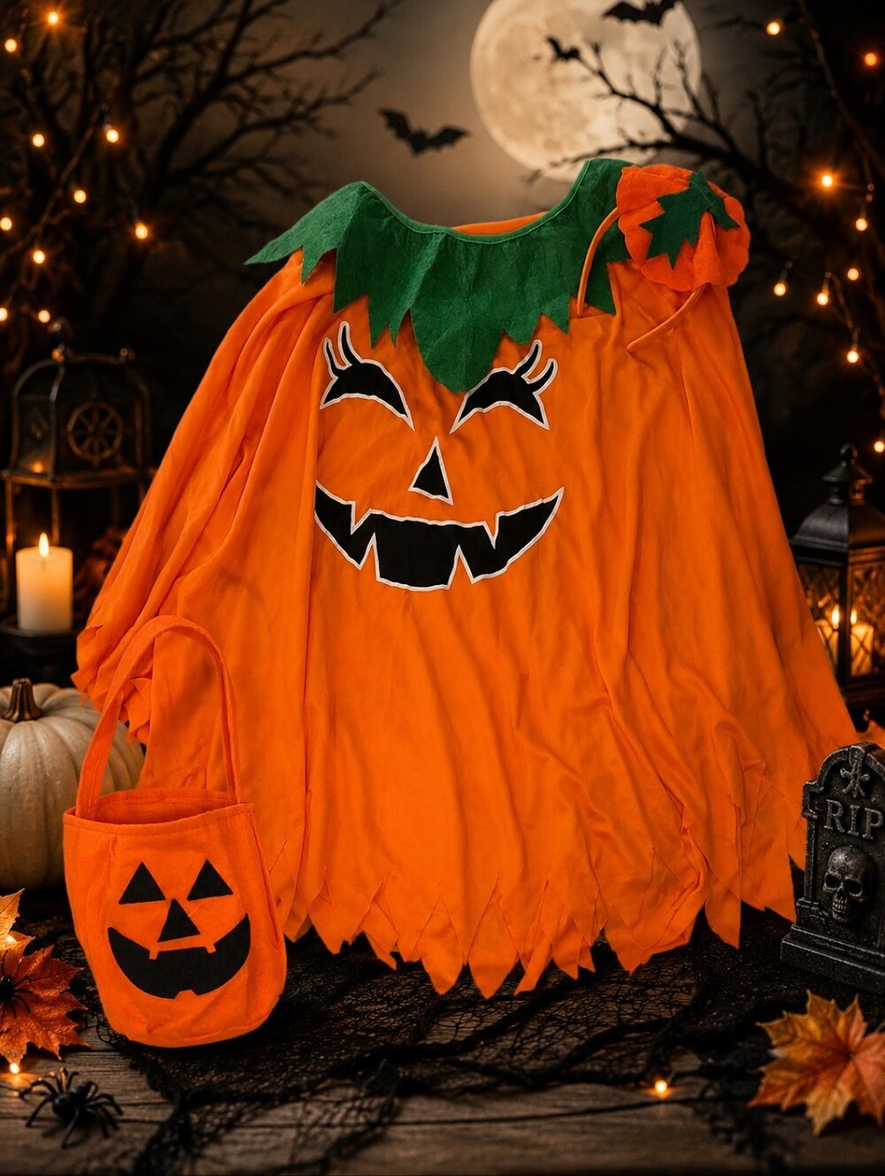 NWOT Adult Pumpkin Halloween Costume One Size Poncho W/ Headband and Tote